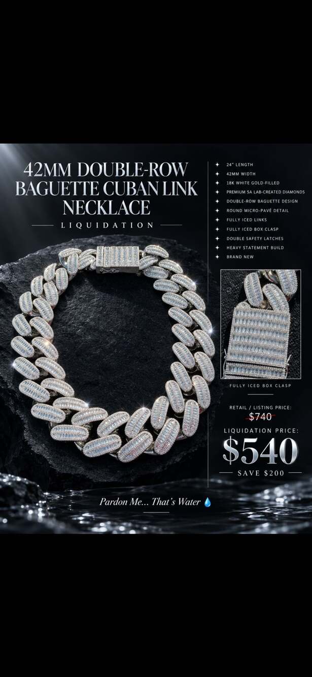 Pardon Me Luxury 42MM Double-Row Baguette Iced Cuban Necklace – 24”